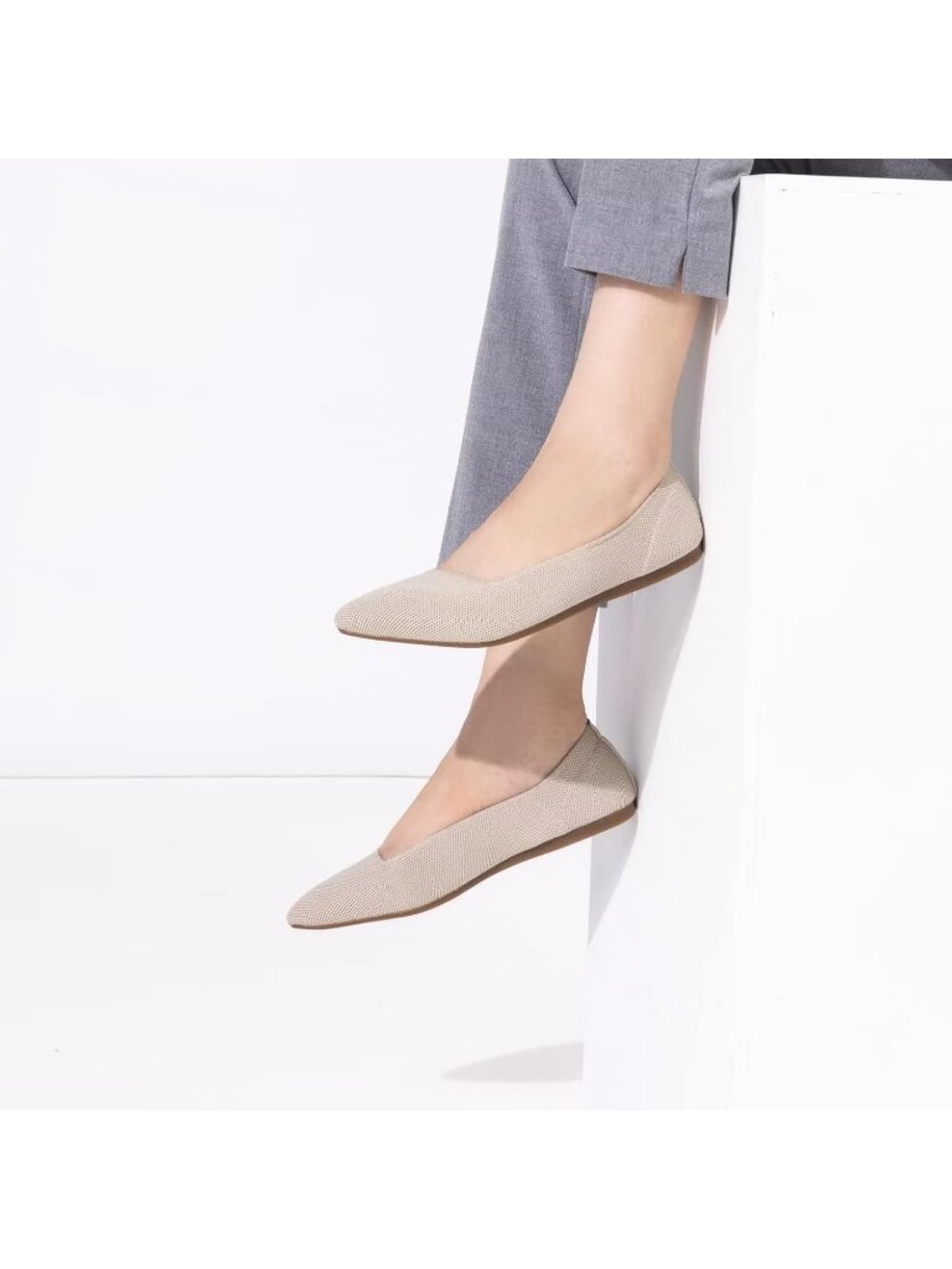 Women's Ecru Comfort Pointed Toe Softable Pull On Knit Dress Casual Flat Shoes - Picture 2 of 6